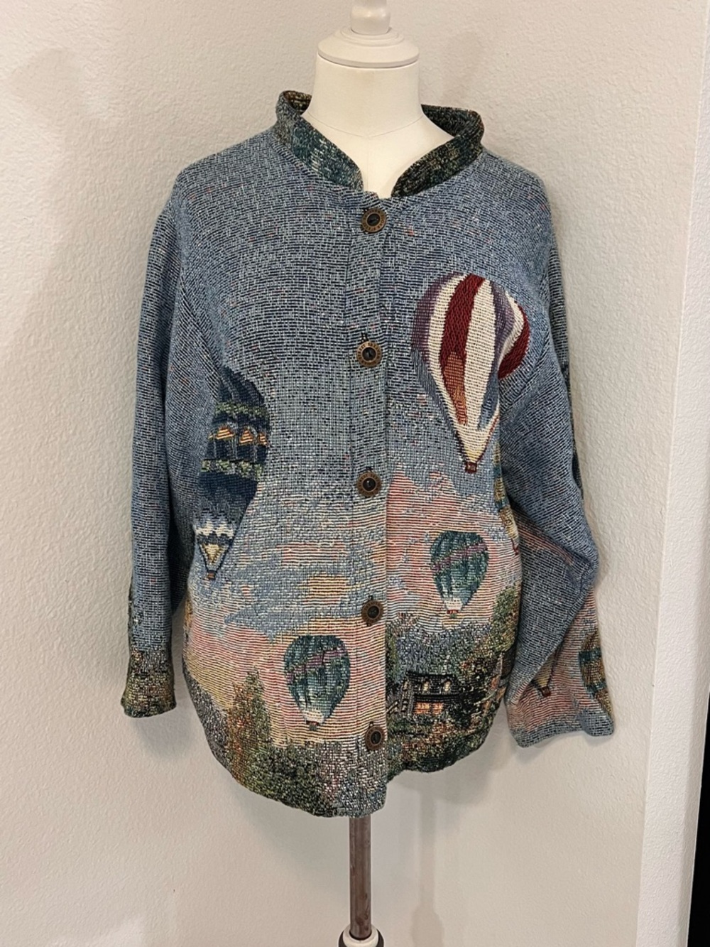 Vintage Rare 1980’s Skyline Balloon Knit Cardigan Sweater - Blue Multi